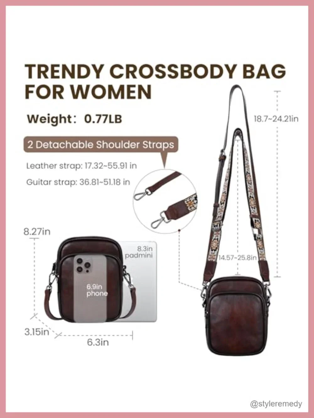Genuine Leather RFID Crossbody Bag for Women Anti-Theft 2 Straps Adjustable